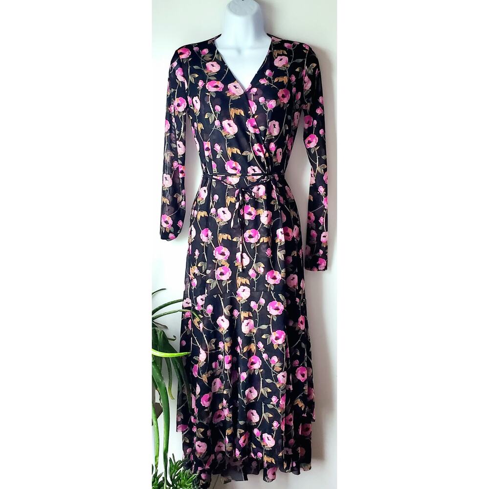 WHBM Womens Black Floral Midi Mesh Wrap Dress Size 00 Cottagecore Boho Wedding